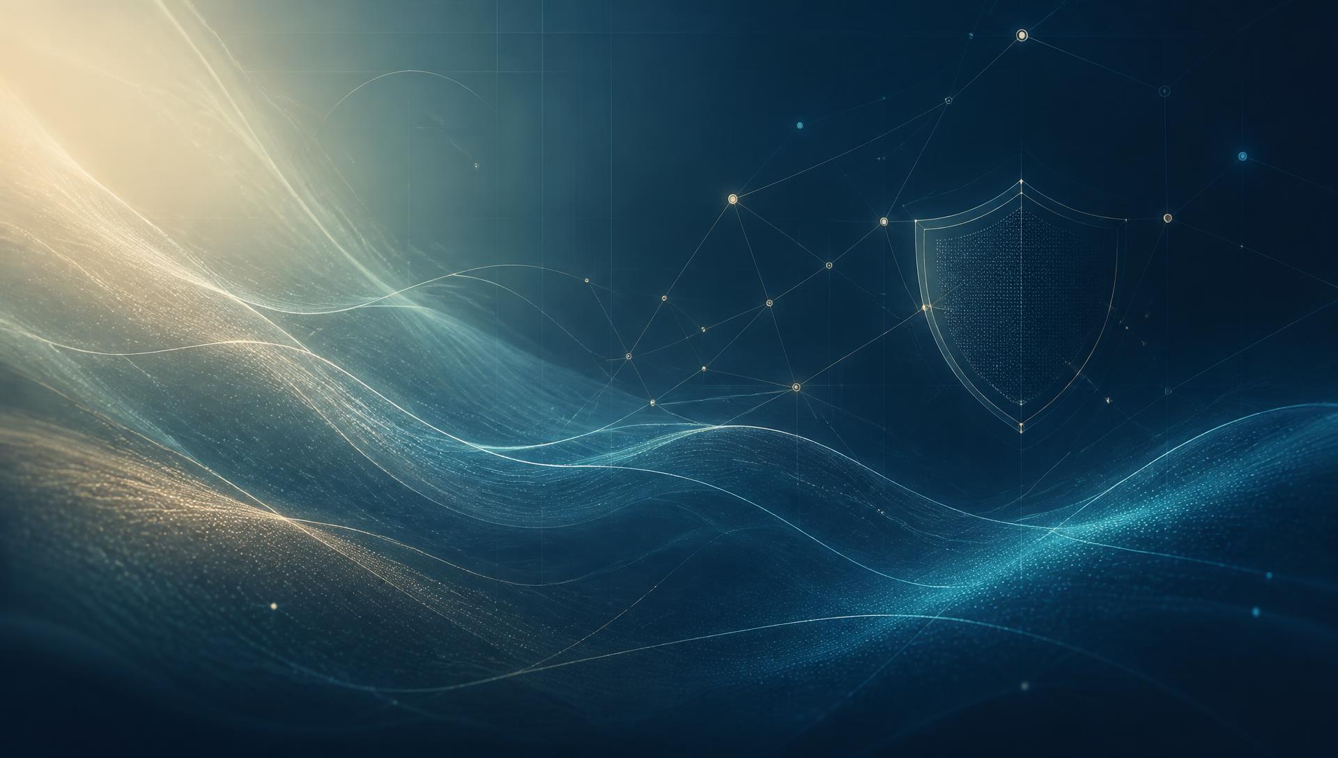 Abstract network of flowing data streams converging on a security shield, representing Shaster's field force and compliance software for healthcare and financial institutions