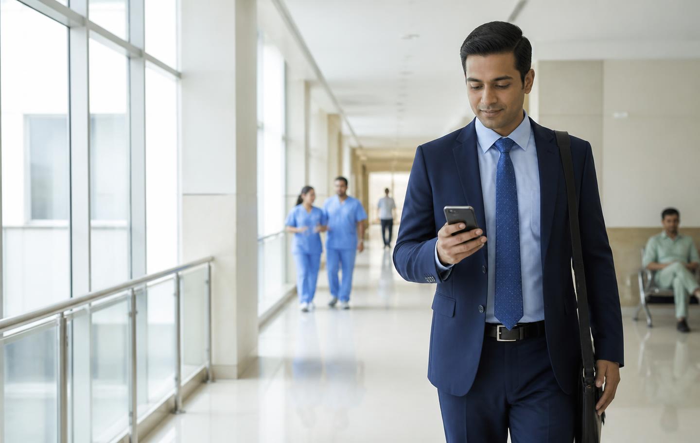 Pharmaceutical field representative using Kristab on a phone during a hospital visit